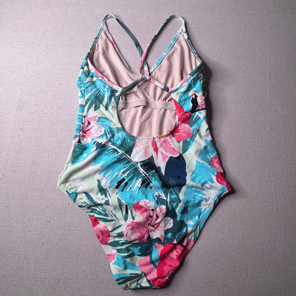 Kona Sol Womens XL Tropical Floral One Piece Swimsuit Teal Pink VNeck Cross Back - Picture 3 of 9